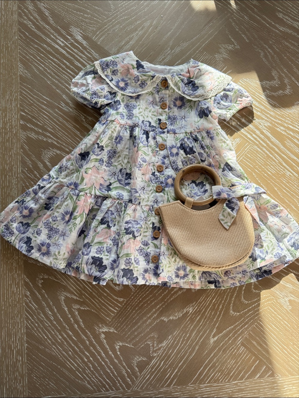Girls Floral Button-Front Dress with Peter Pan Collar - Pink & Blue